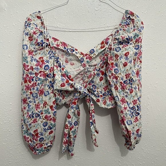 Zara Womens S White Linen Blend Floral Printed Blouse Top Puff Sleeve Tie Back - Picture 8 of 13